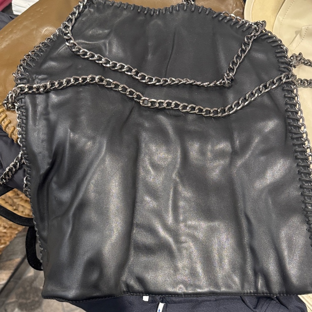 Black Chain-Trim Tote with Silver Hardware